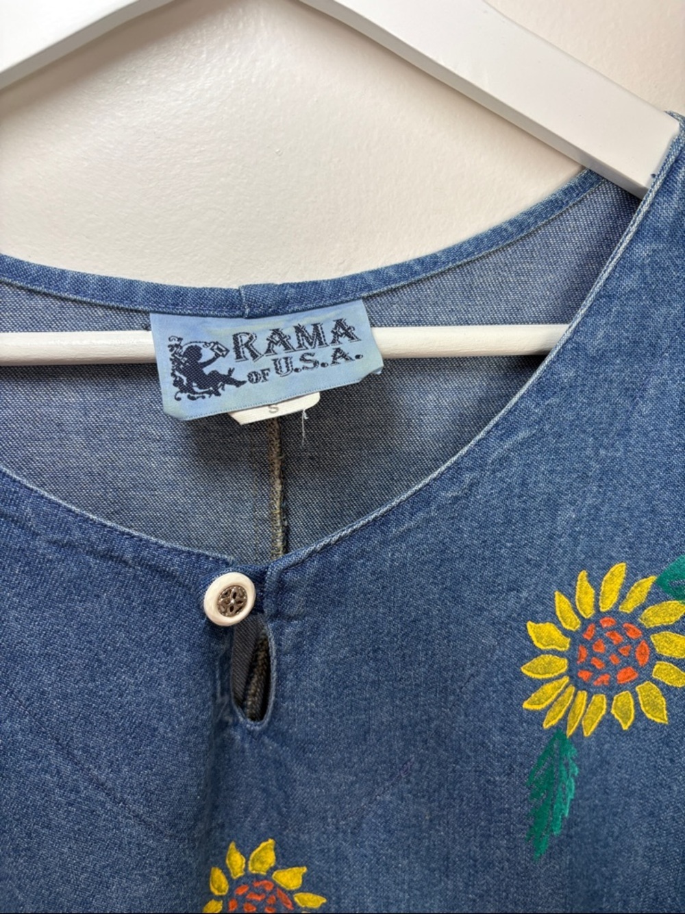 VINTAGE Denim Sunflower Floral Cotton Midi Dress Small - Picture 2 of 7